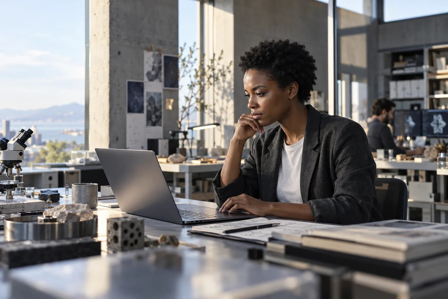 Illustrative portrait of a computational researcher working in a sunlit studio