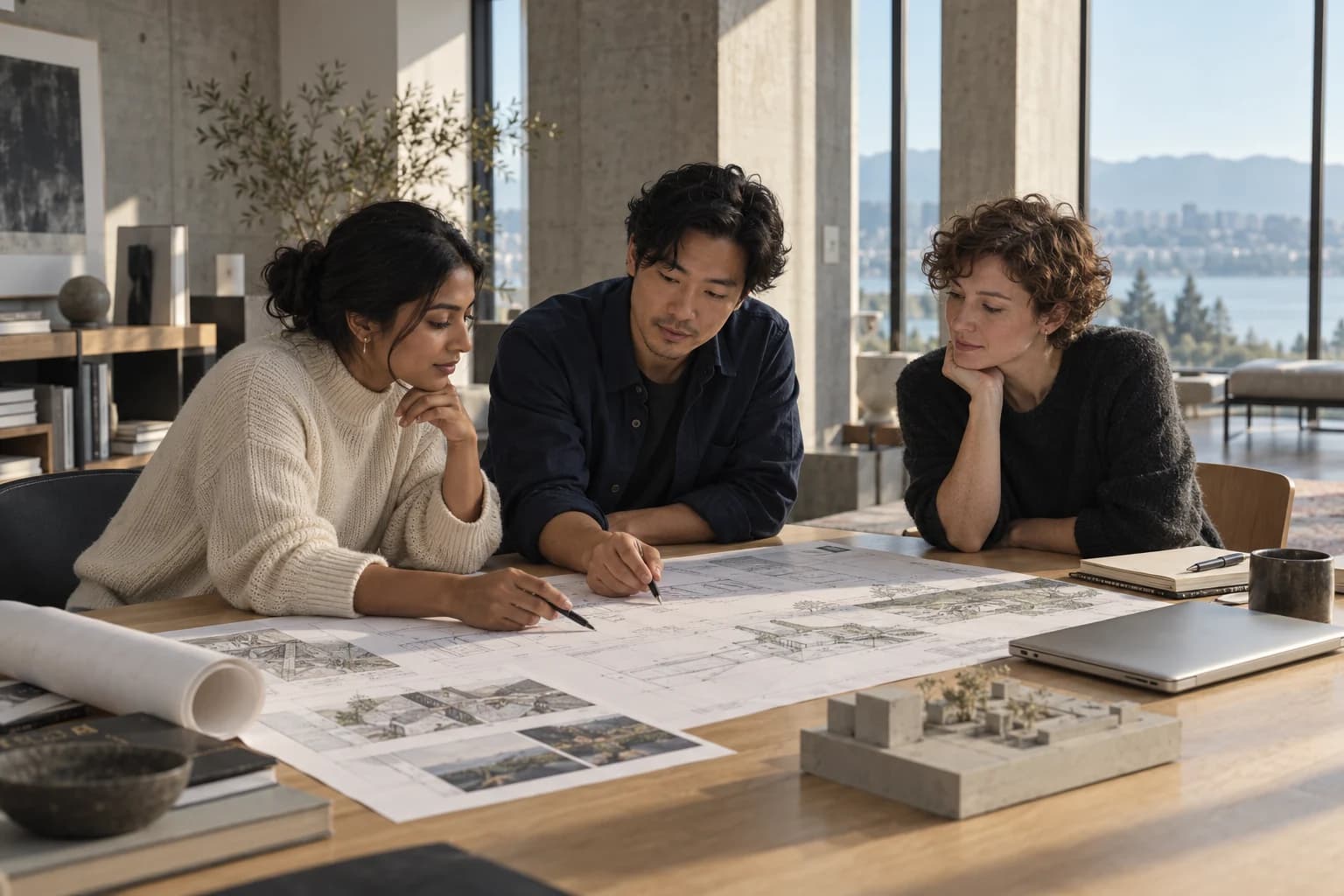 Illustrative scene of three technical specialists reviewing ideas together in a bright studio