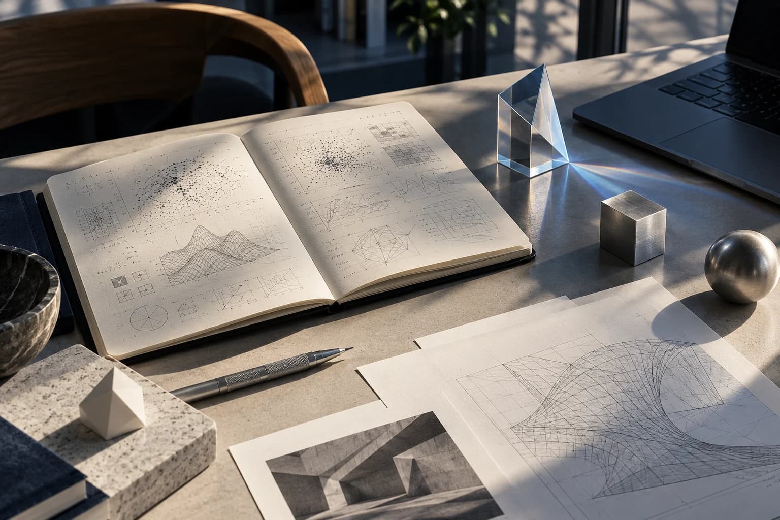Illustrative research desk with notebooks, a glass prism, and carefully arranged analytical tools